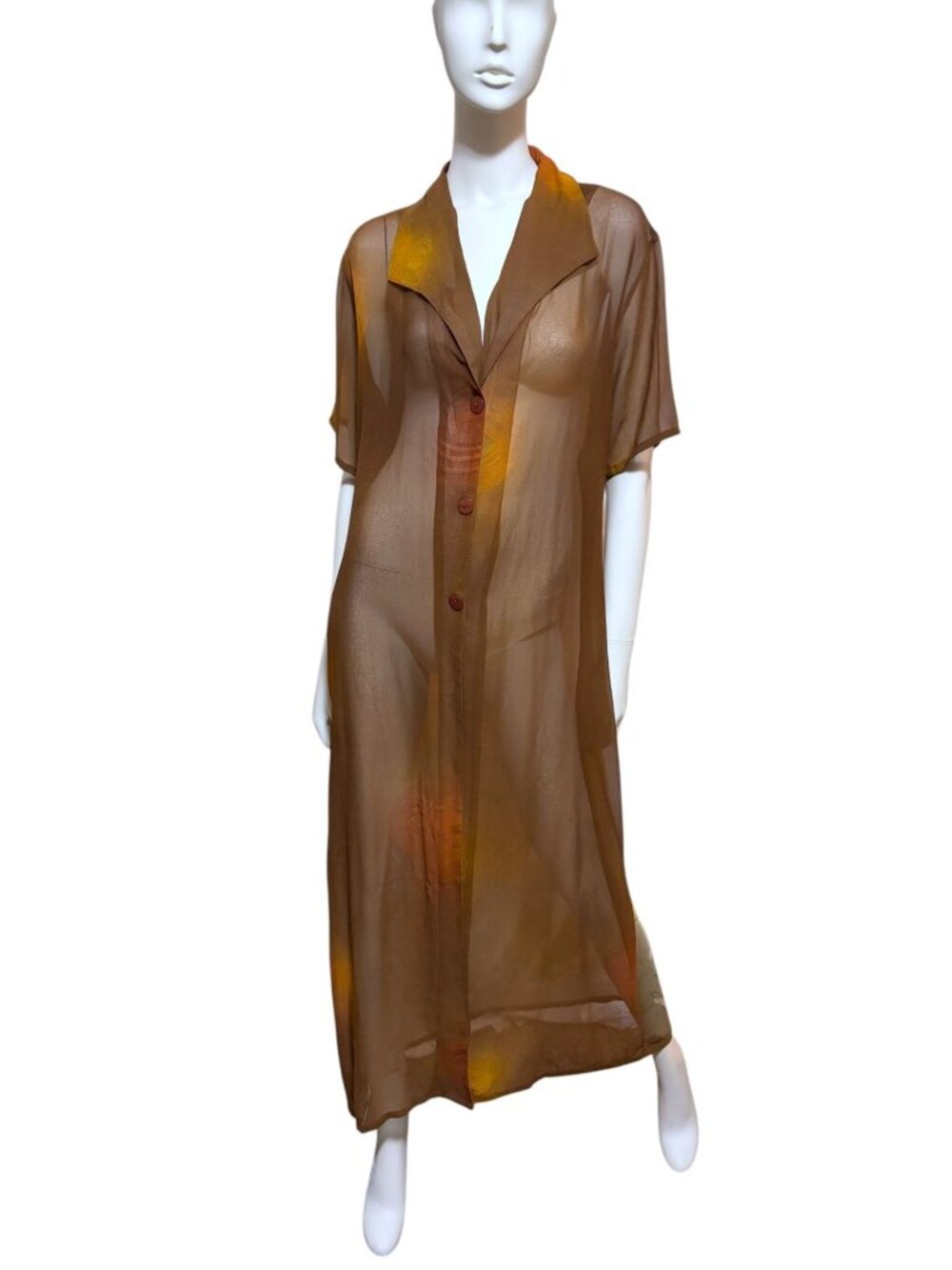 VTG 90s Nancy K Sheer Maxi Duster L Cardigan Cover Up Fish Earth Witch Resort - Picture 4 of 7